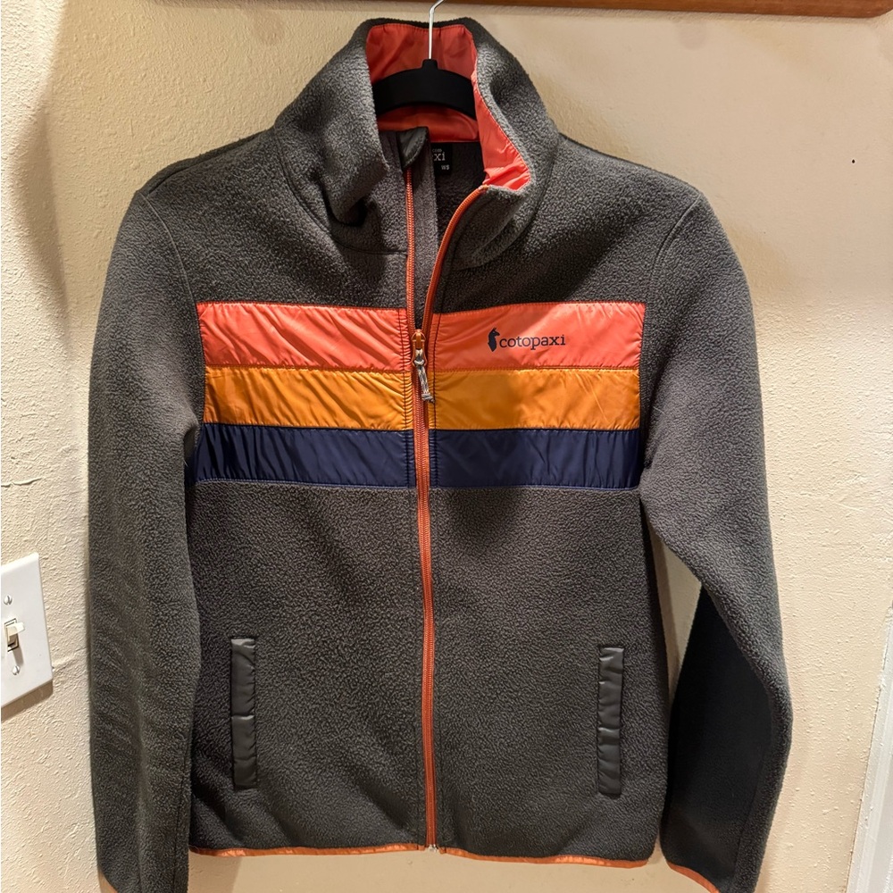 Cotopaxi Dark Green Fleece Jacket with Vibrant Stripes